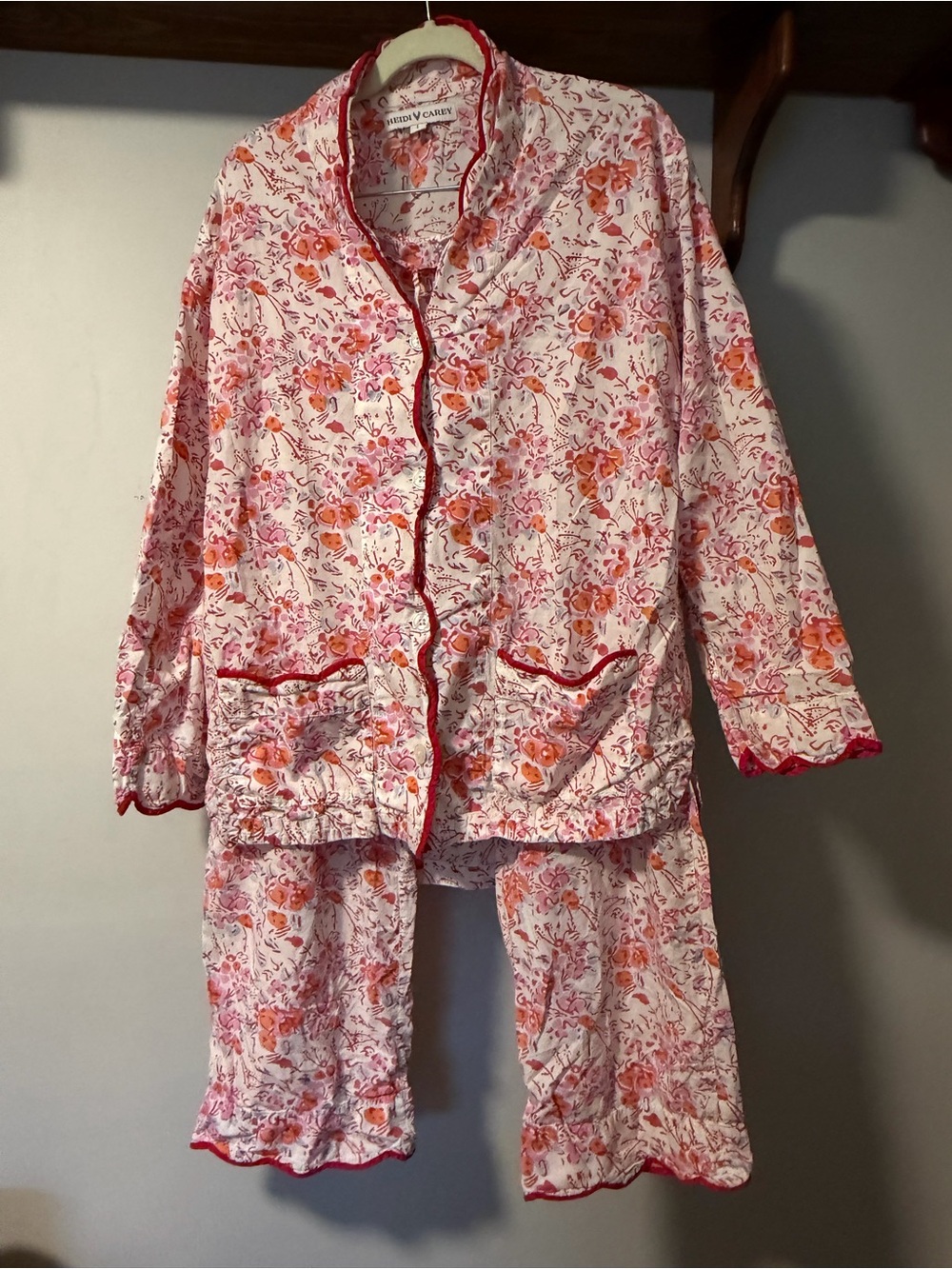 Heidi Carey 100% Cotton Floral Pajama Set L Pink Orange Ruffle